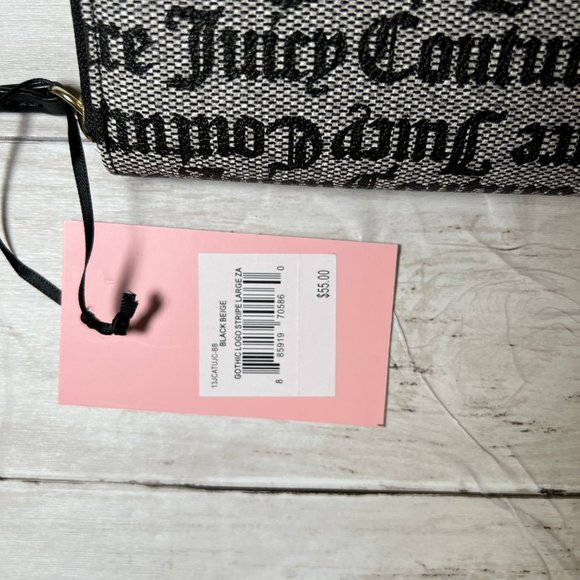 Juicy Couture Billboard Gothic Logo Stripe Black Beige Large Zip Around Wallet - Picture 2 of 4
